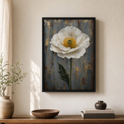 White Poppy Weathered Blue Wall Art floating frame wall art - 02_wall_scene