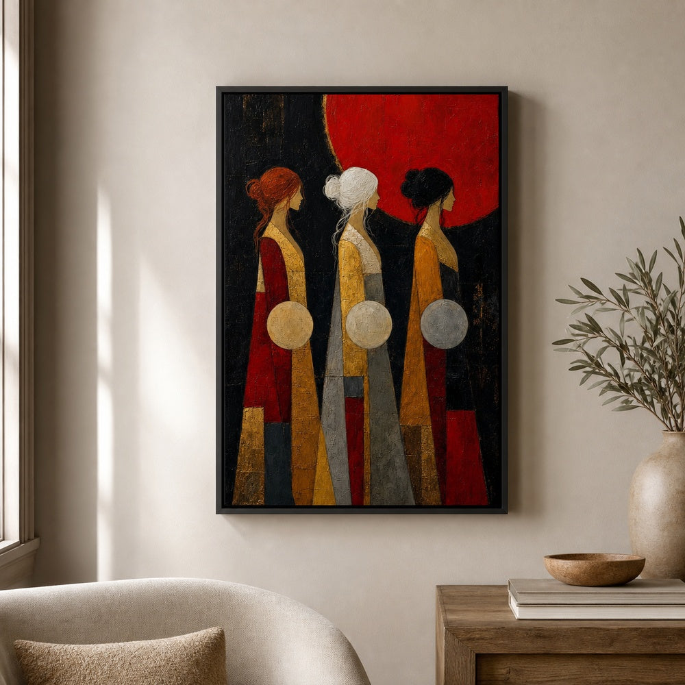 Three Women Red Sun Abstract Wall Art floating frame wall art - 02_wall_scene