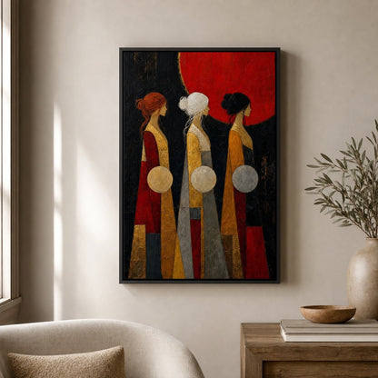 Three Women Red Sun Abstract Wall Art floating frame wall art - 02_wall_scene