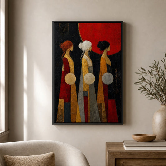 Three Women Red Sun Abstract Floater Frame Canvas Wall Art — room scene in a floater frame