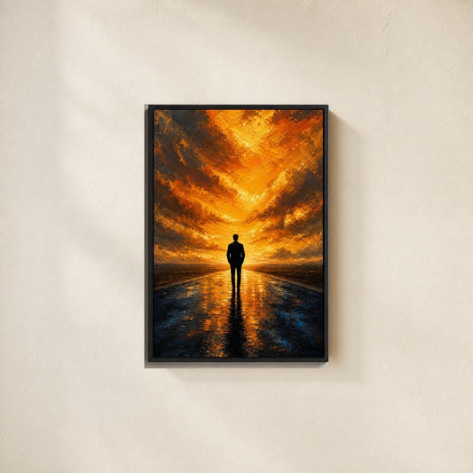 Solitary Man on Golden Horizon Floater Frame Canvas Wall Art — room scene in a floater frame