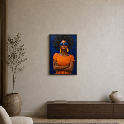 Confident Woman with Blue Sunglasses Floater Frame Canvas Wall Art — room scene in a floater frame
