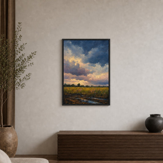 Storm Clouds Over Open Field Floater Frame Canvas Wall Art — room scene in a floater frame