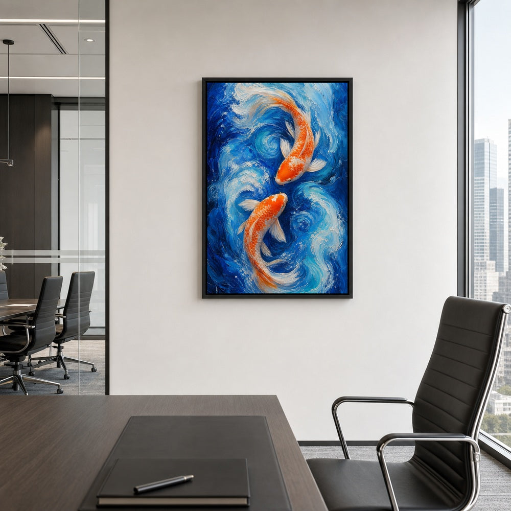 Two Koi in Blue Swirling Water Wall Art - 02_black_frame_wall_scene