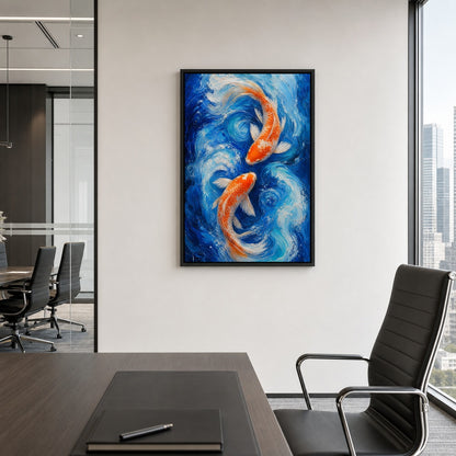 Two Koi in Blue Swirling Water Wall Art - 02_black_frame_wall_scene