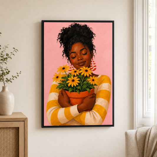 Black Woman Hugging Flower Pot Floater Frame Canvas Wall Art — room scene in a black floater frame