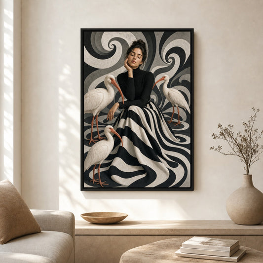 Woman Black White Stripes White Birds Floater Frame Canvas Wall Art — room scene in a black floater frame