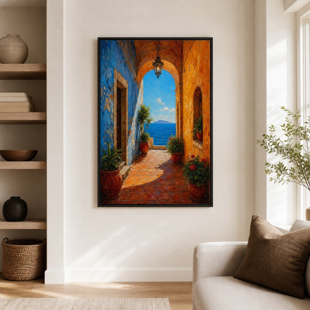 Mediterranean Arch Corridor Sea Impasto Wall Art floating frame wall art - 02_wall_scene