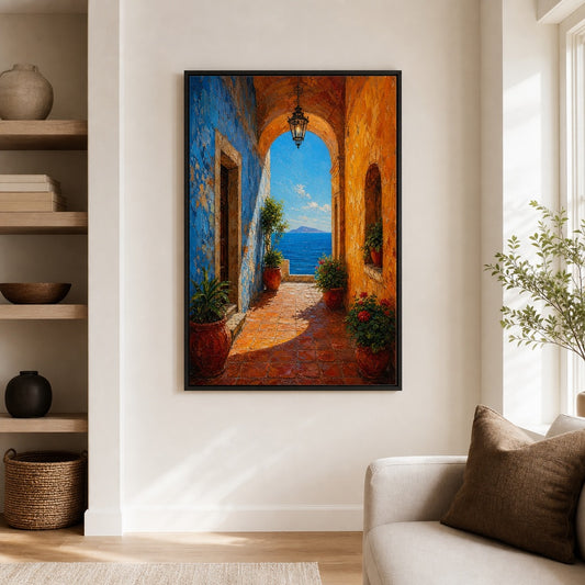 Mediterranean Arch Corridor Sea Impasto Floater Frame Canvas Wall Art — room scene in a floater frame