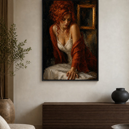 Thoughtful Redhead in Rust Cardigan Floater Frame Canvas Wall Art — room scene in a floater frame