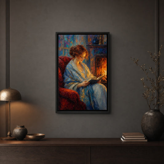 Reading Woman Fireplace Impasto Floater Frame Canvas Wall Art — room scene in a floater frame