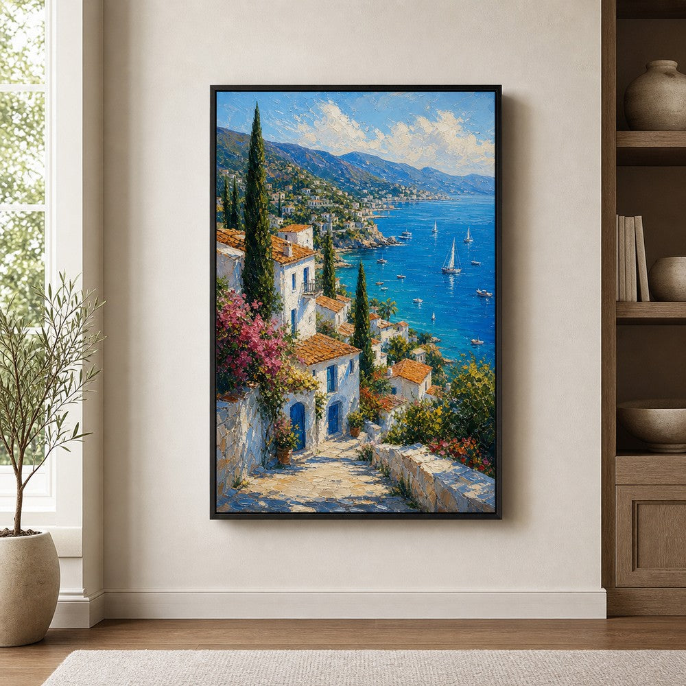 Mediterranean Coastal Village Impasto Wall Art floating frame wall art - 02_wall_scene