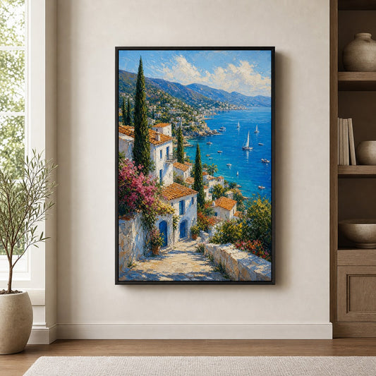 Mediterranean Coastal Village Impasto Floater Frame Canvas Wall Art — room scene in a floater frame