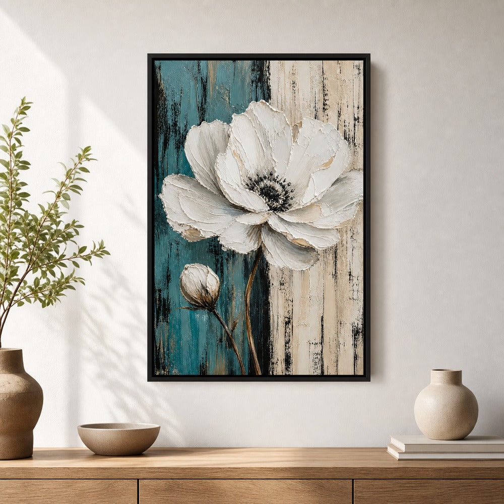 White Flower Blue Beige Stripes Floater Frame Canvas Wall Art — room scene in a floater frame