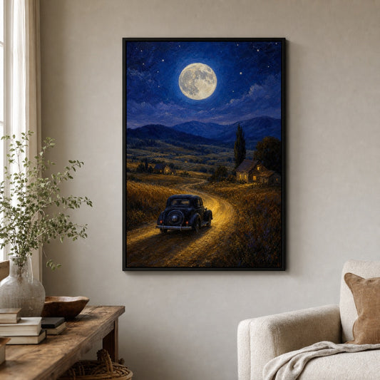 Country Night Full Moon Vintage Car Floater Frame Canvas Wall Art — room scene in a floater frame