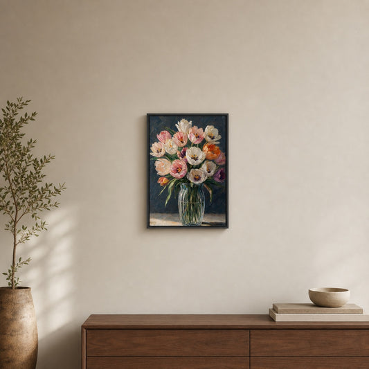 Pink and White Tulips in Glass Vase Floater Frame Canvas Wall Art — room scene in a floater frame