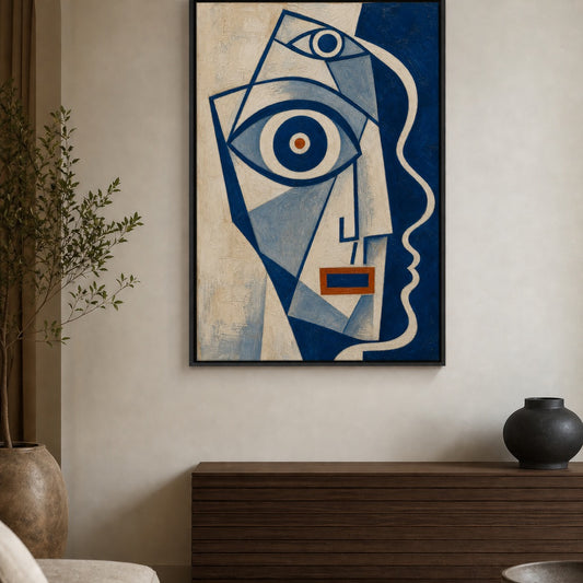 One Eye Cubist Abstract Face Floater Frame Canvas Wall Art — room scene in a floater frame