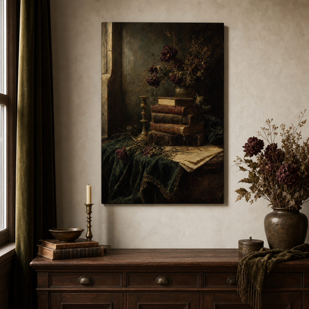 Dark Academia Library Still Life Canvas Wall Art – Draft - Study room wall mockup