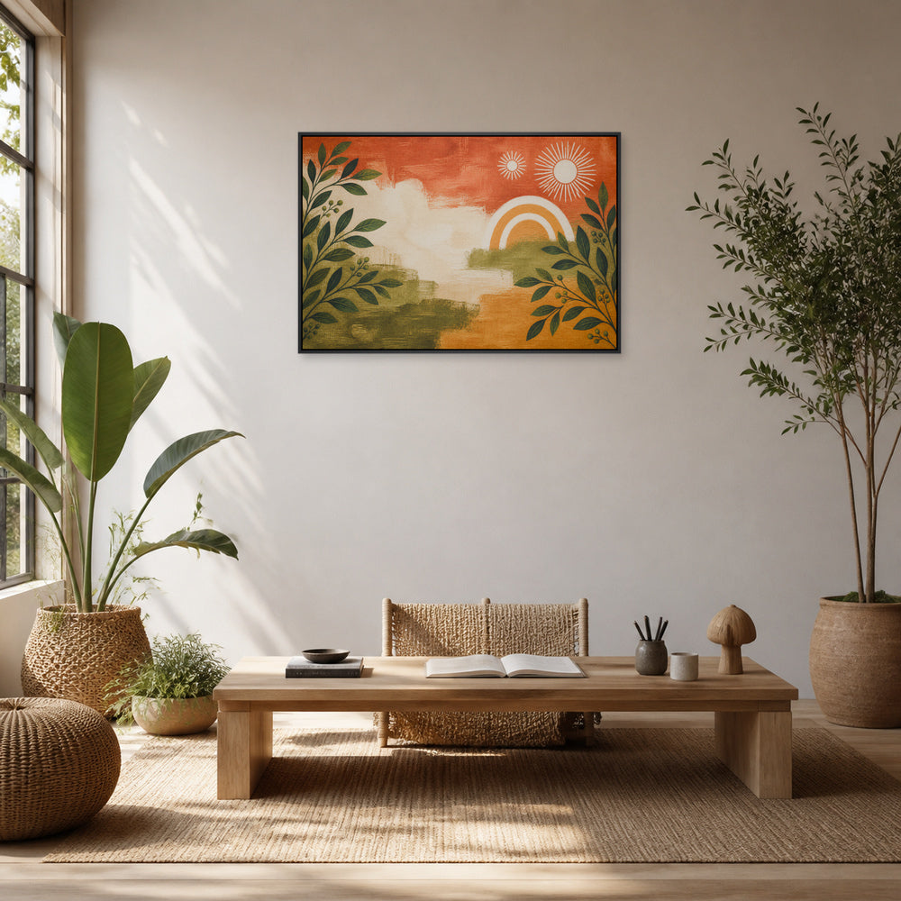 Boho Botanical Suns Floating Frame Wall Art - 02b_black_frame_wall_scene