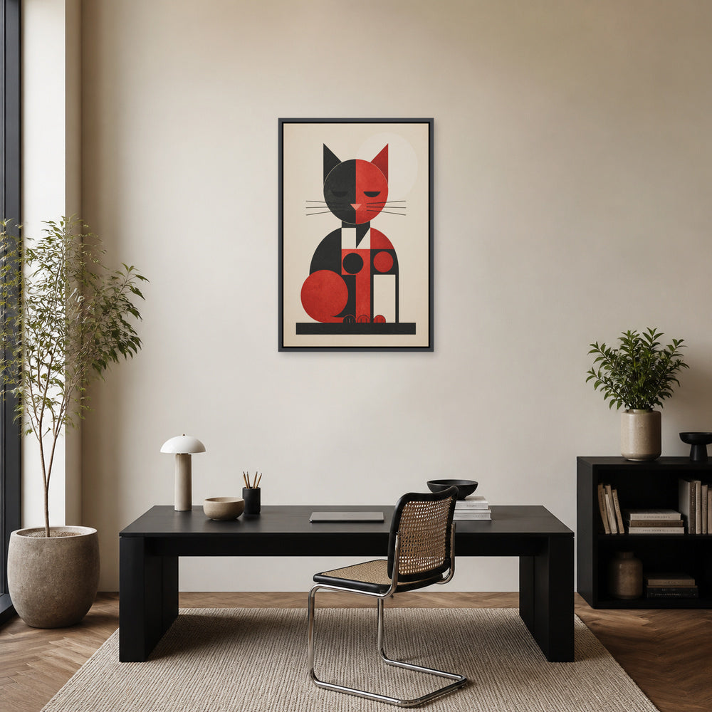 Bauhaus Geometric Cat Floating Frame Wall Art - 02b_black_frame_wall_scene