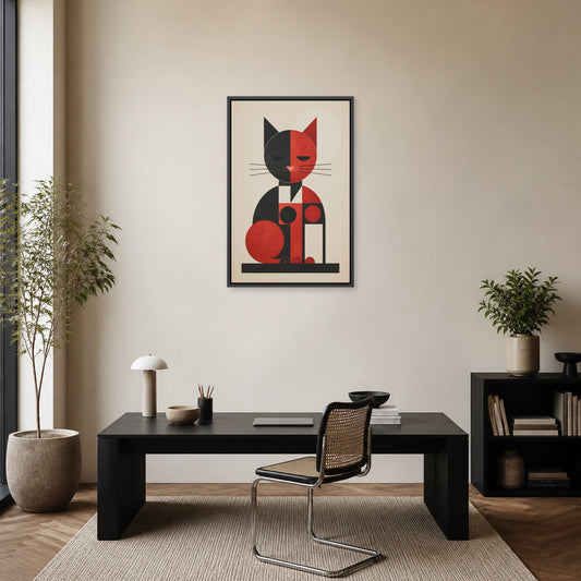 Bauhaus Geometric Cat Floating Frame Wall Art - 02b_black_frame_wall_scene