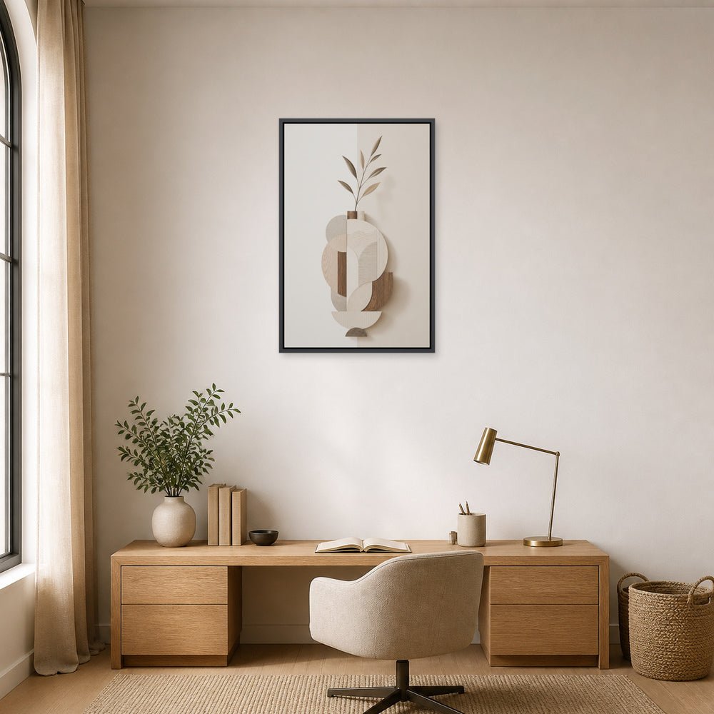 Earth Tone Geometric Vase Collage Floating Frame Wall Art - 02b_black_frame_wall_scene