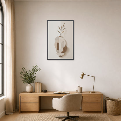 Earth Tone Geometric Vase Collage Floating Frame Wall Art - 02b_black_frame_wall_scene