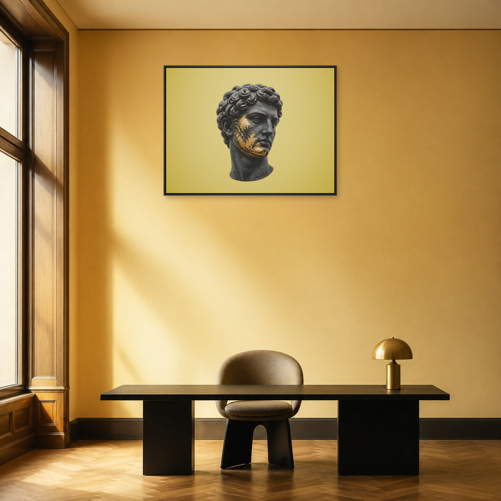 Gold Patina Classical Sculpture Floating Frame Wall Art - 02b_black_frame_wall_scene