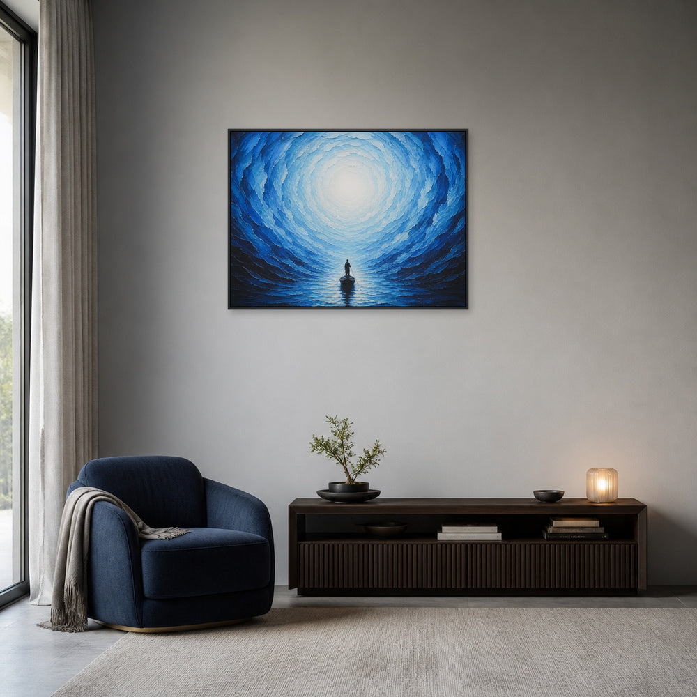 Blue Vortex Boat Journey Floating Frame Wall Art - 02b_black_frame_wall_scene