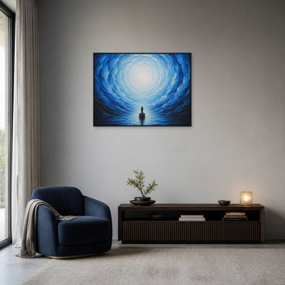 Blue Vortex Boat Journey Floating Frame Wall Art - 02b_black_frame_wall_scene