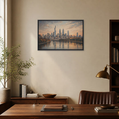 Philadelphia Sunset Skyline Floating Frame Wall Art - 02b_black_frame_wall_scene