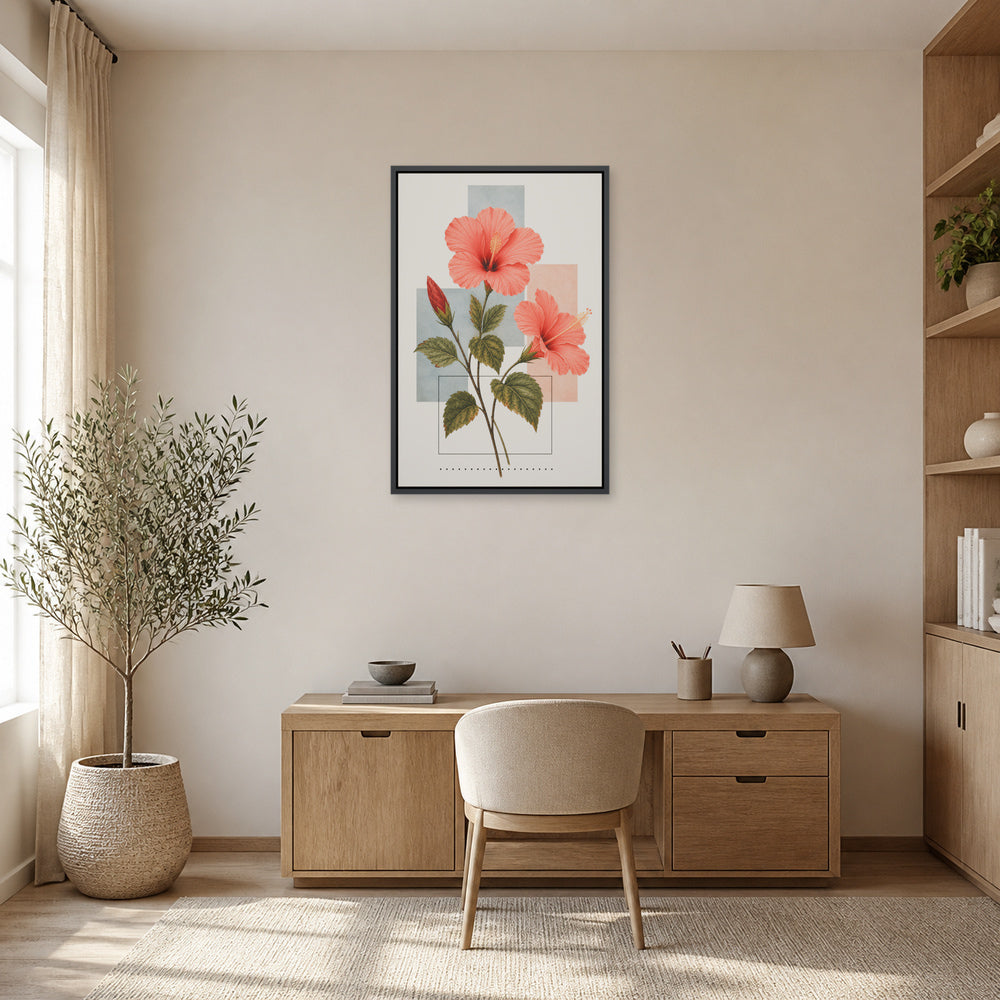 Hibiscus Geometric Collage Floating Frame Wall Art - 02b_black_frame_wall_scene