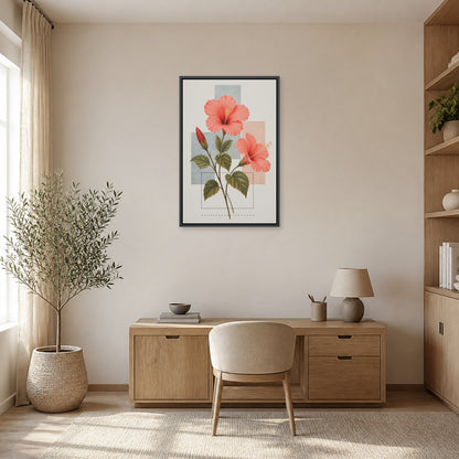 Hibiscus Geometric Collage Floating Frame Wall Art - 02b_black_frame_wall_scene
