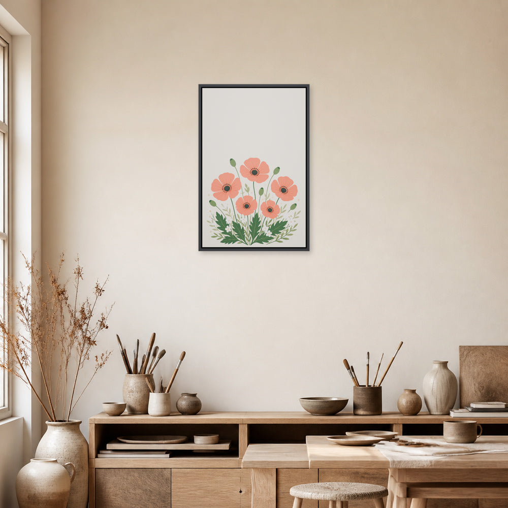 Five Coral Poppies Botanical Floating Frame Wall Art - 02b_black_frame_wall_scene