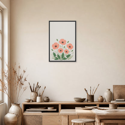 Five Coral Poppies Botanical Floating Frame Wall Art - 02b_black_frame_wall_scene