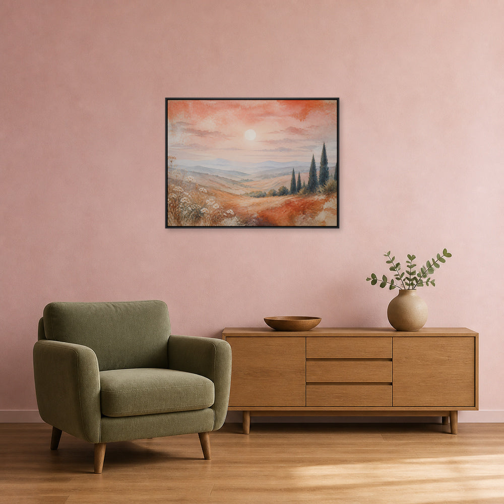 Tuscan Hills Watercolor Landscape Floating Frame Wall Art - 02b_black_frame_wall_scene