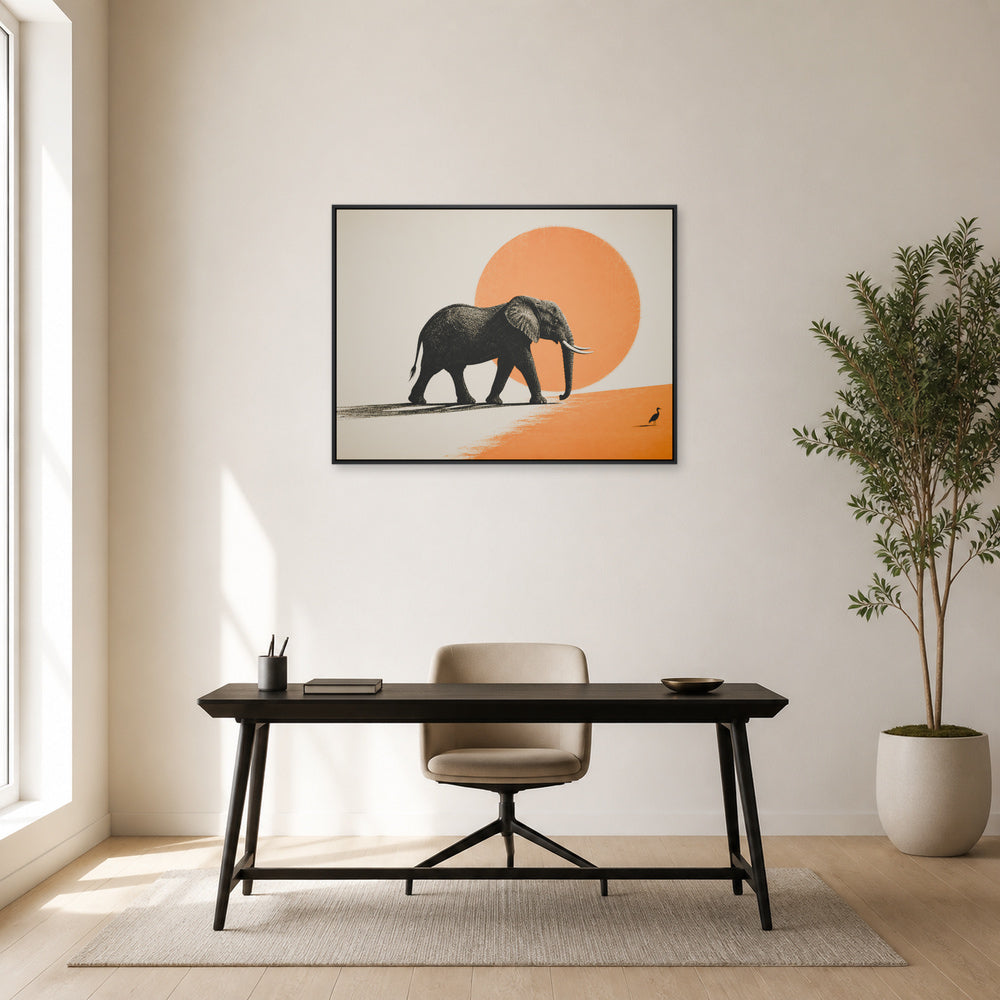 African Elephant and Orange Sun Floating Frame Wall Art - 02b_black_frame_wall_scene