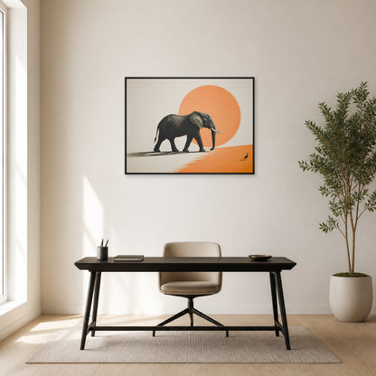 African Elephant and Orange Sun Floating Frame Wall Art - 02b_black_frame_wall_scene