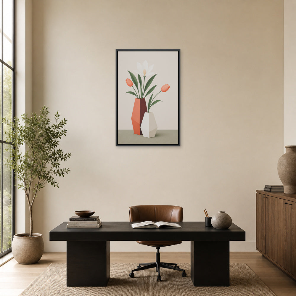 Geometric Vases Floral Arrangement Floating Frame Wall Art - 02b_black_frame_wall_scene