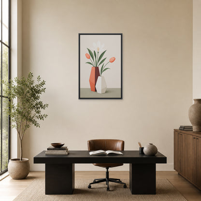 Geometric Vases Floral Arrangement Floating Frame Wall Art - 02b_black_frame_wall_scene