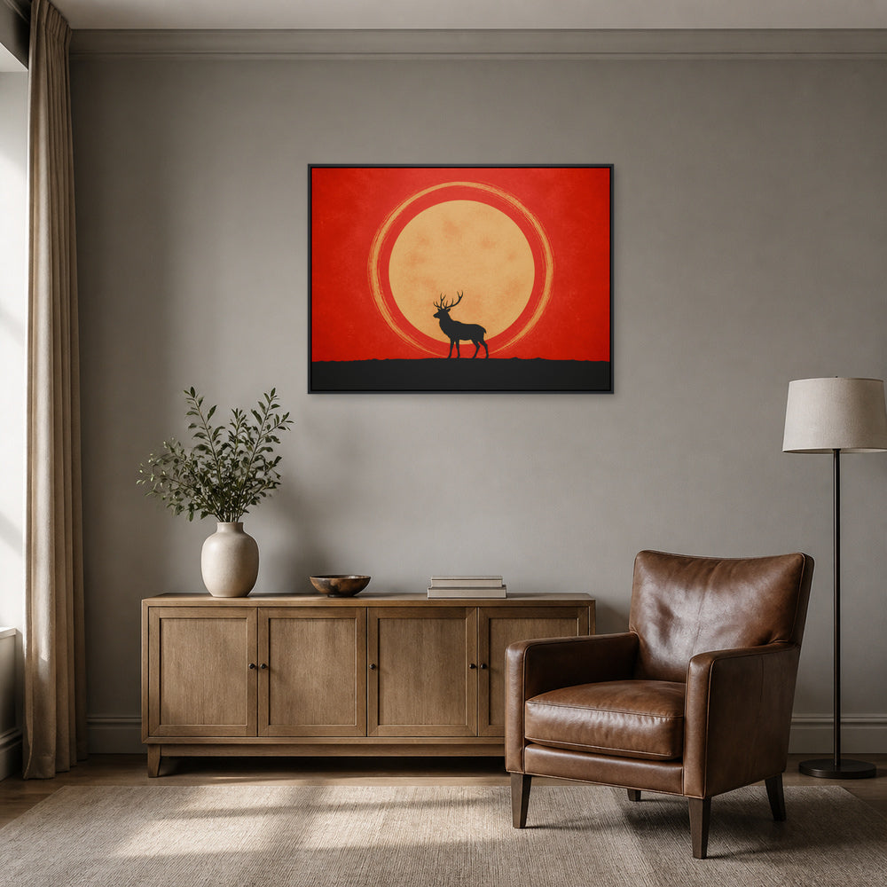 Stag and Golden Moon Floating Frame Wall Art - 02b_black_frame_wall_scene
