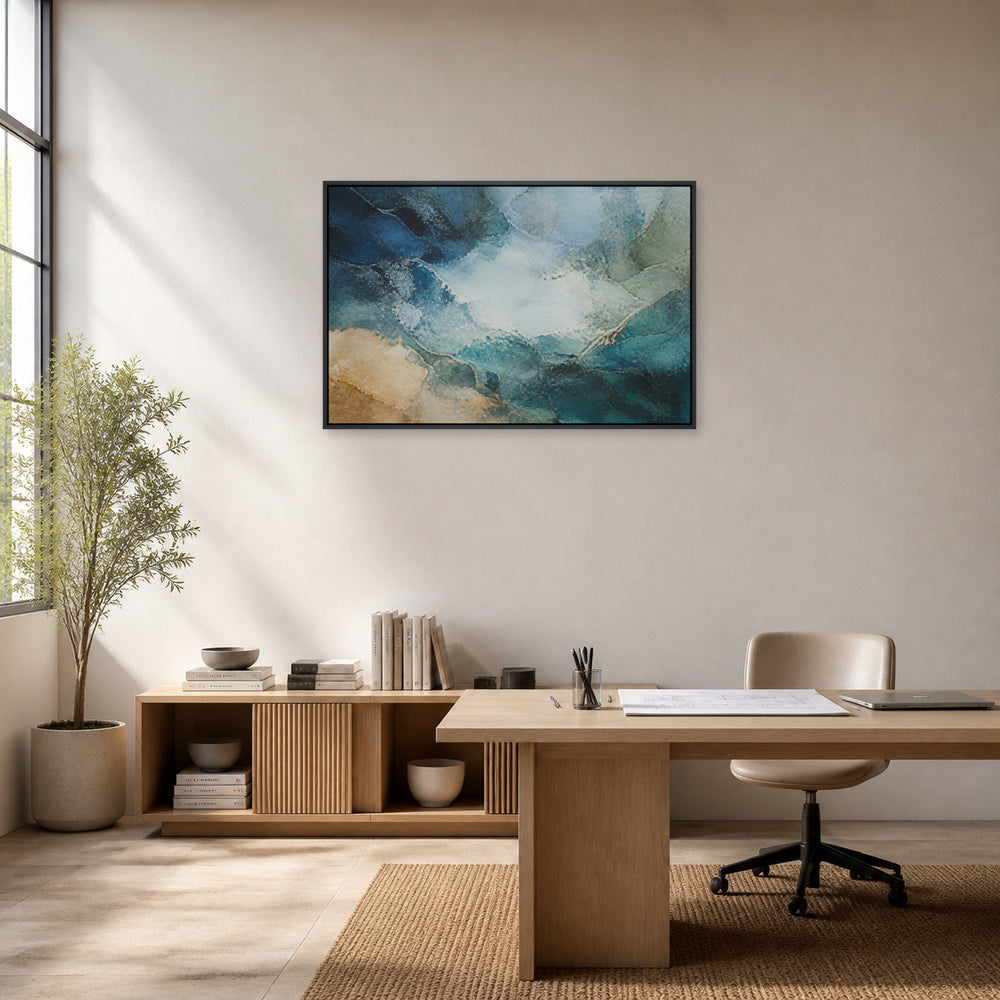 Blue Green Mineral Atmosphere Abstract Floating Frame Wall Art - 02b_black_frame_wall_scene
