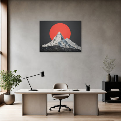 Red Sun Snow Mountain Floating Frame Wall Art - 02b_black_frame_wall_scene