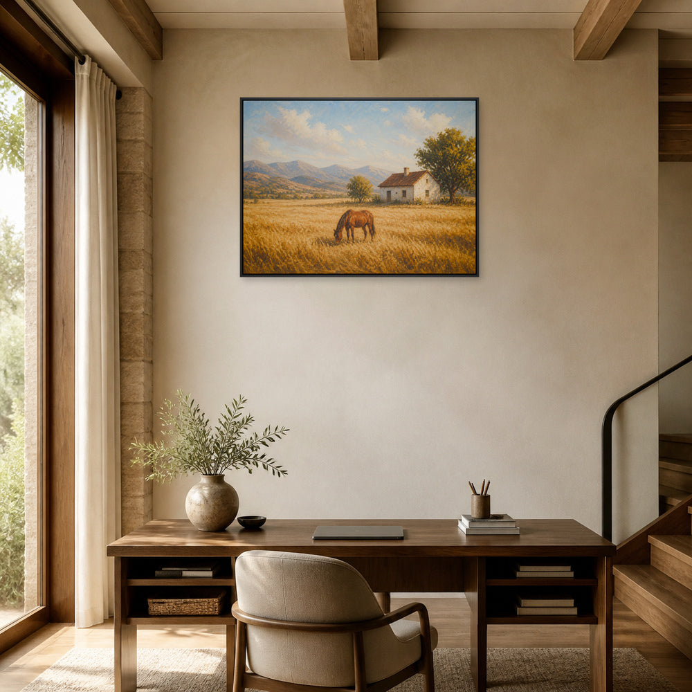 Golden Field Horse and Farmhouse Floating Frame Wall Art - 02b_black_frame_wall_scene