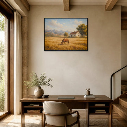 Golden Field Horse and Farmhouse Floating Frame Wall Art - 02b_black_frame_wall_scene