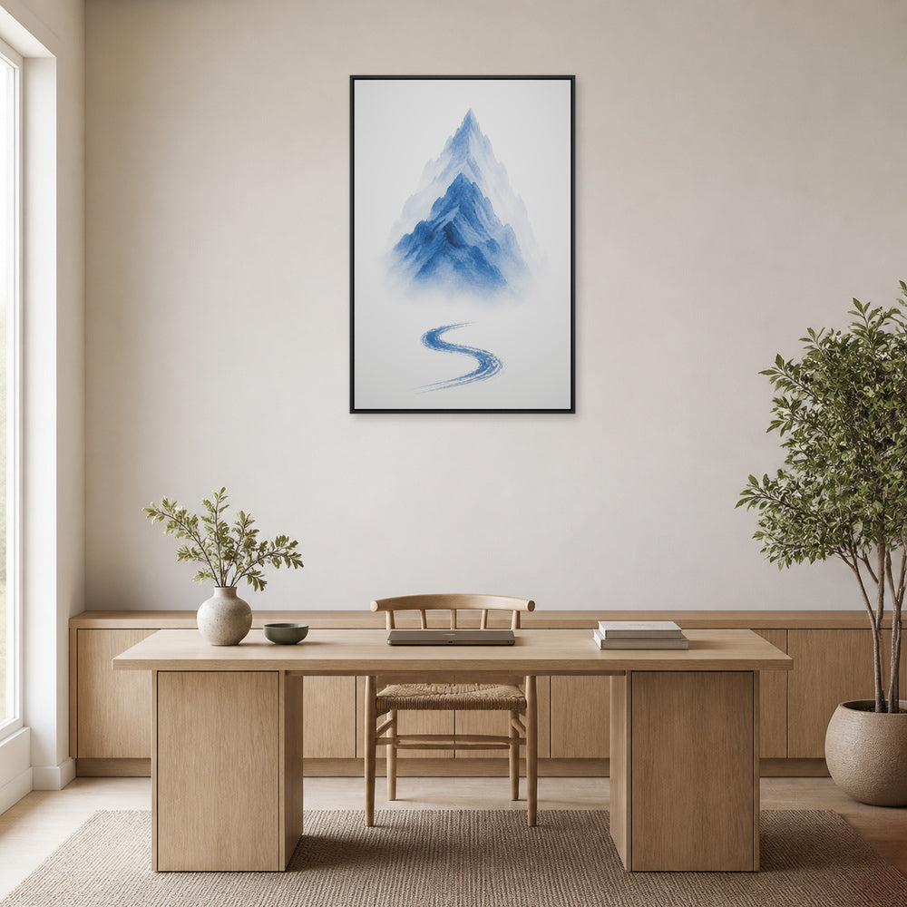 Blue Ink Wash Mountain Floating Frame Wall Art - 02b_black_frame_wall_scene