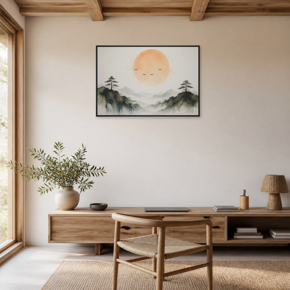 Amber Sun Pine Mountain Watercolor Floating Frame Wall Art - 02b_black_frame_wall_scene