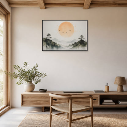 Amber Sun Pine Mountain Watercolor Floating Frame Wall Art - 02b_black_frame_wall_scene