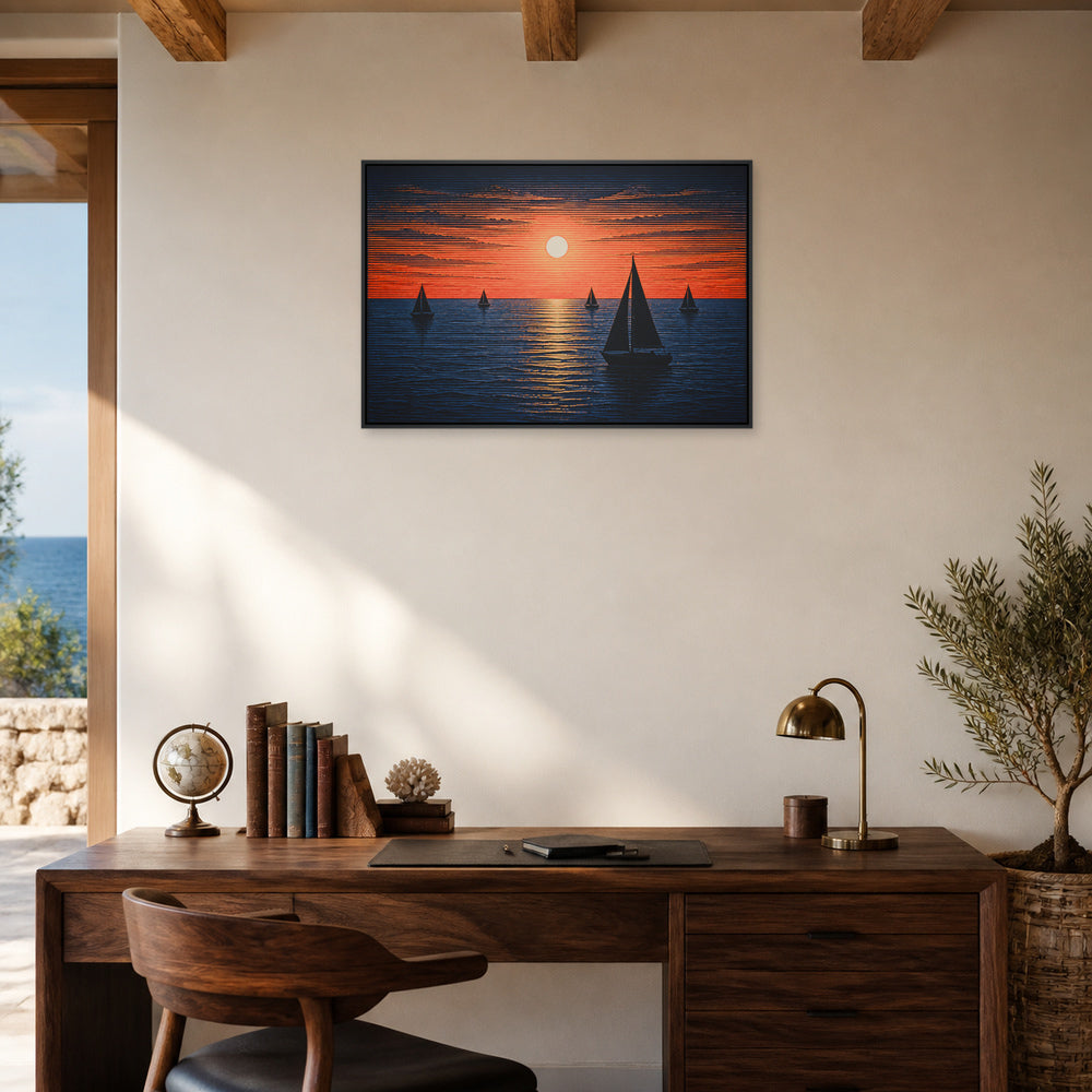 Five Sailboats Sunset Woodcut Floating Frame Wall Art - 02b_black_frame_wall_scene