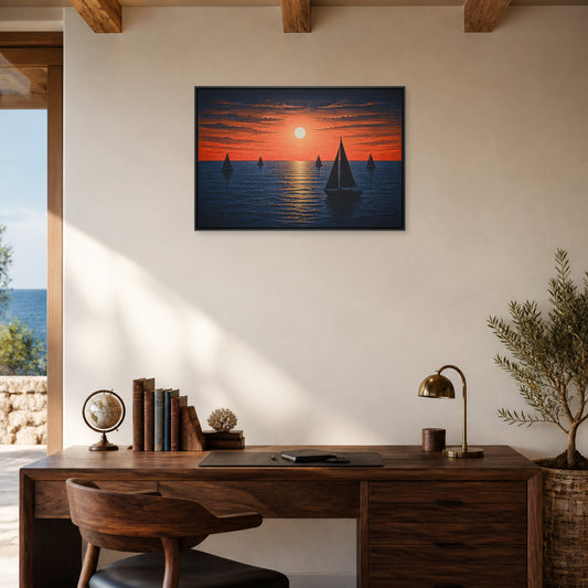 Five Sailboats Sunset Woodcut Floating Frame Wall Art - 02b_black_frame_wall_scene